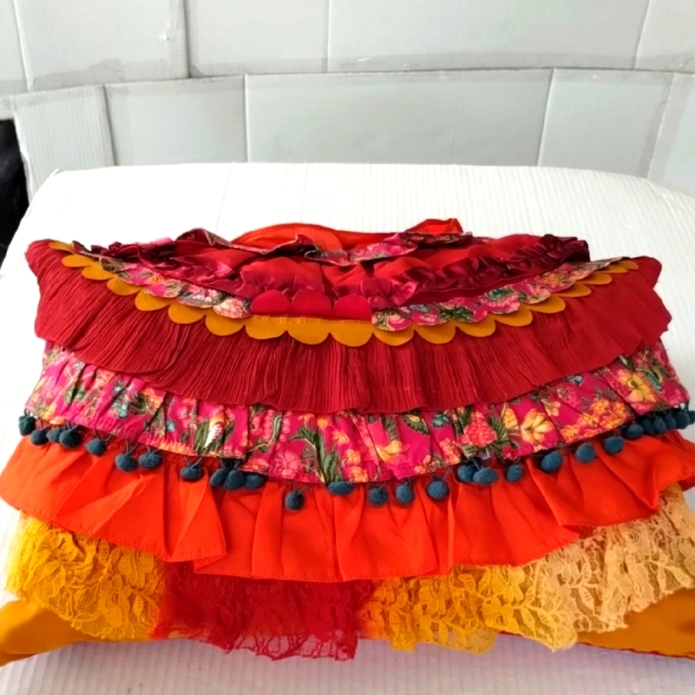 Pier 1 Colorful Layered Ruffled accent pillow 19 x 13 inches colorful hippie